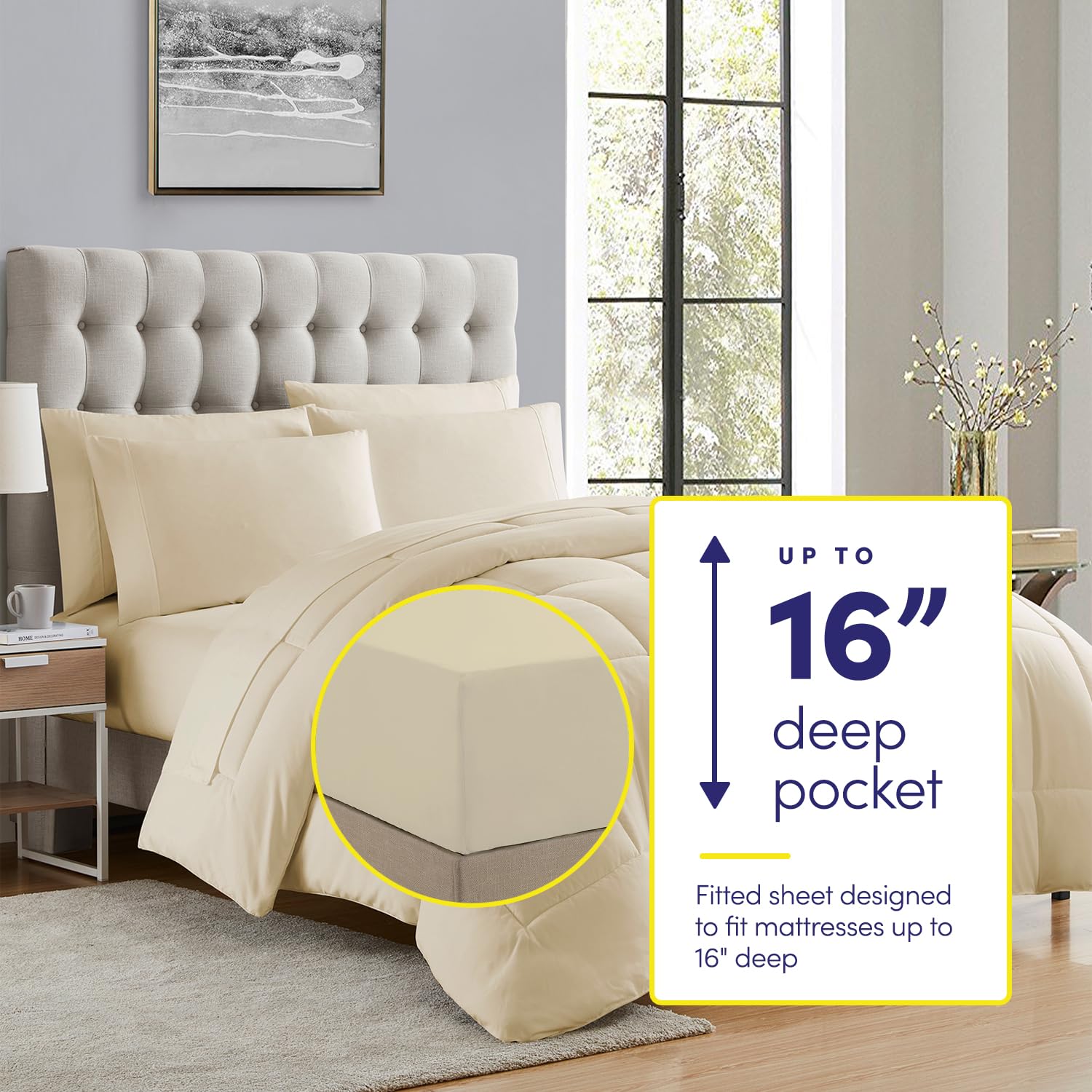 Sweet Home Collection beige twin-xl comforter and sheets offer all-season comfort.