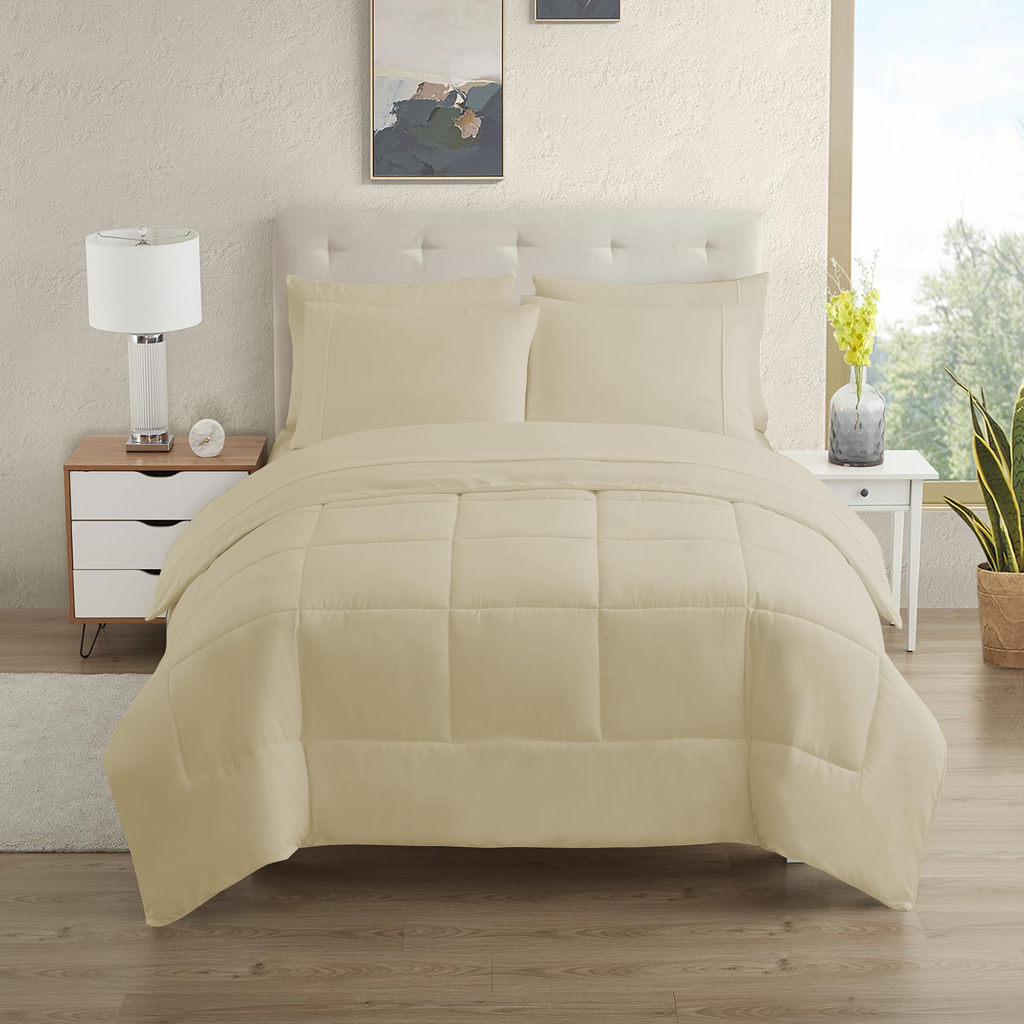 Sweet Home Collection beige twin set with stay-put fitted straps for secure sleep.