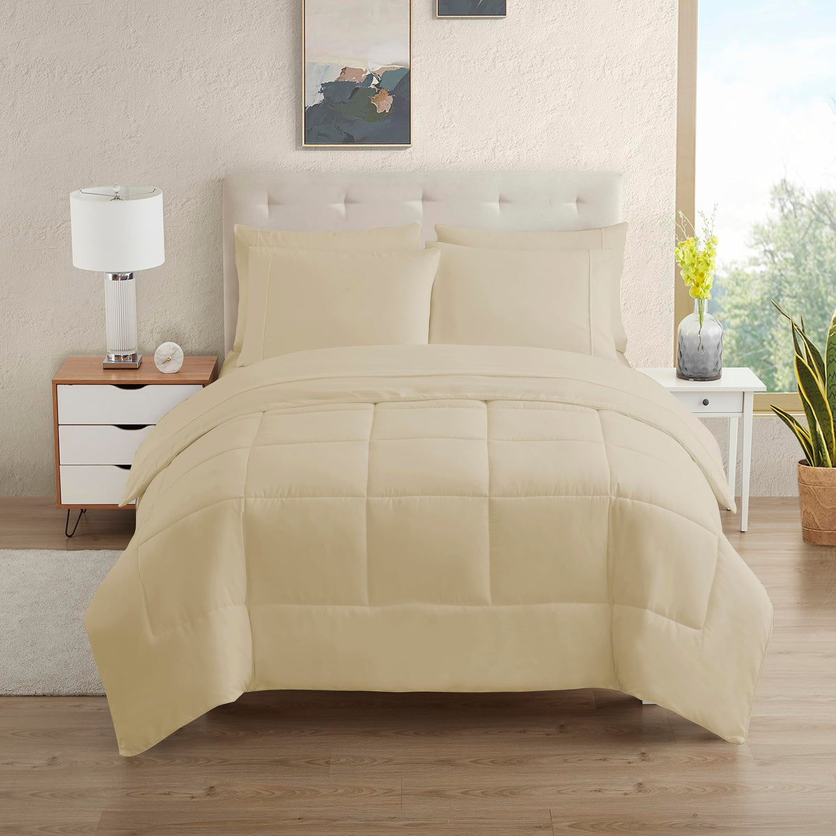 Sweet Home Collection beige twin set with stay-put fitted straps for secure sleep.