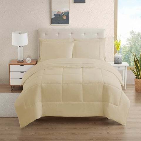 Sweet Home Collection beige twin set with stay-put fitted straps for secure sleep.