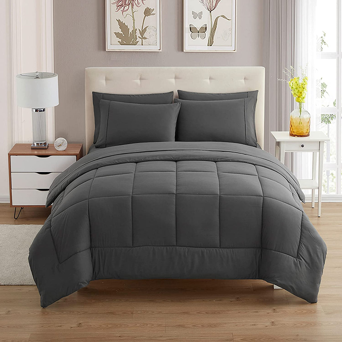 Sweet Home Collection queen comforter set in gray with deep-pocket design for a secure fit.