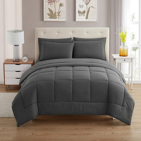 Sweet Home Collection queen comforter set in gray with deep-pocket design for a secure fit.