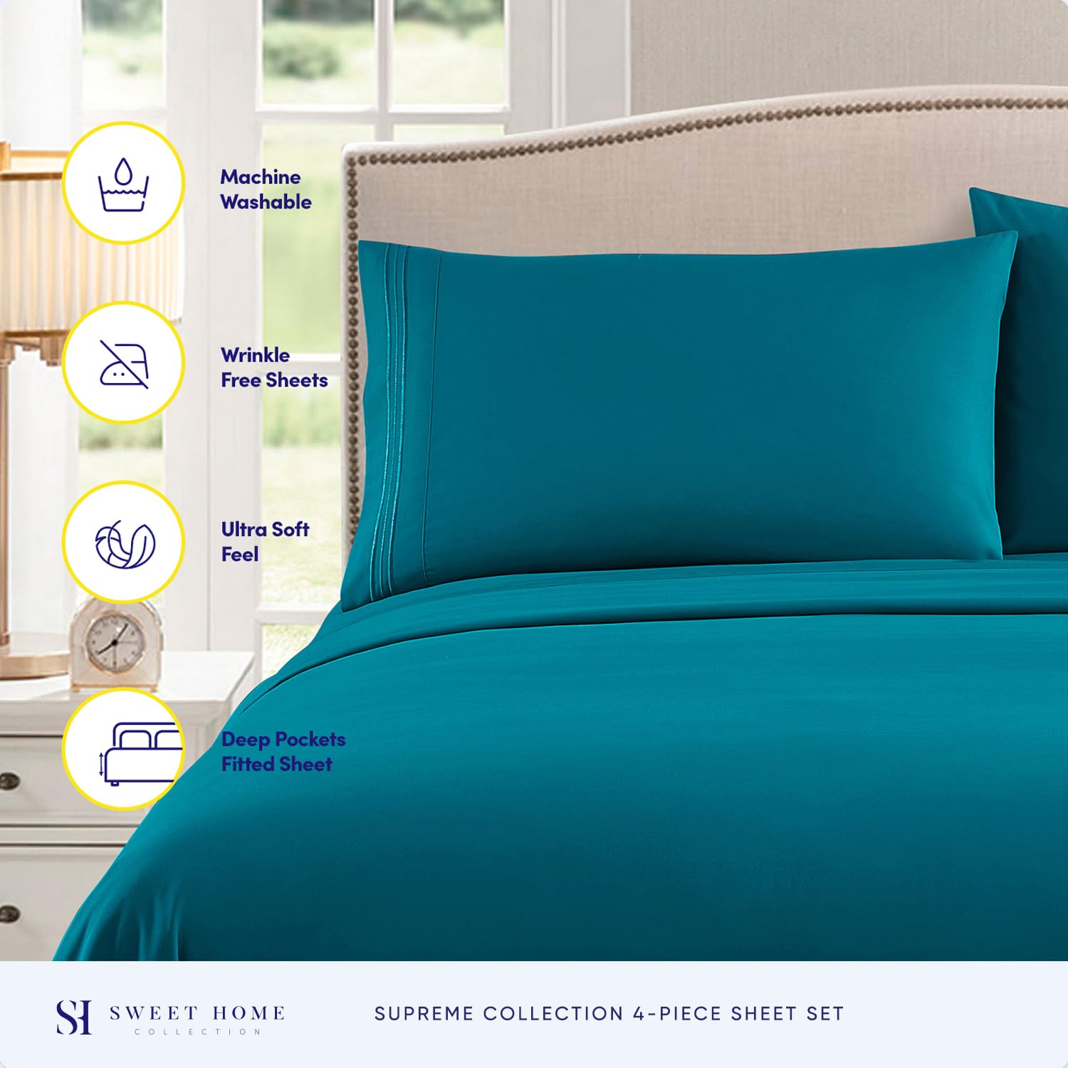 Sweet Home Collection queen sheets with built-in elastic corners secure the fit.