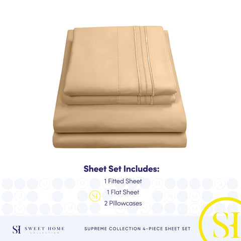 Sweet Home Collection queen sheets show built-in straps for a secure fit