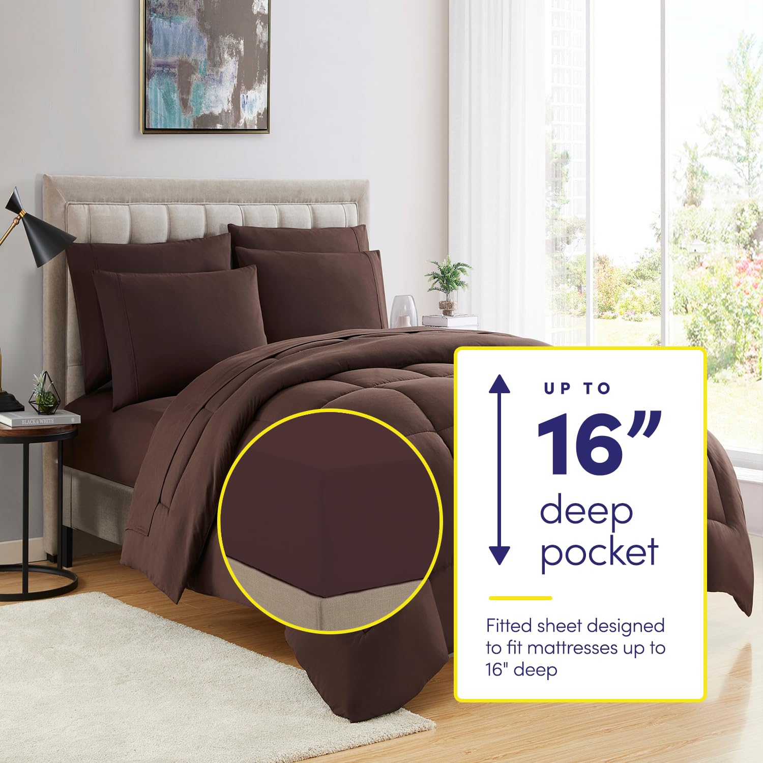 Sweet Home Collection stay-put fitted sheet chocolate brown with built-in straps for secure fit.