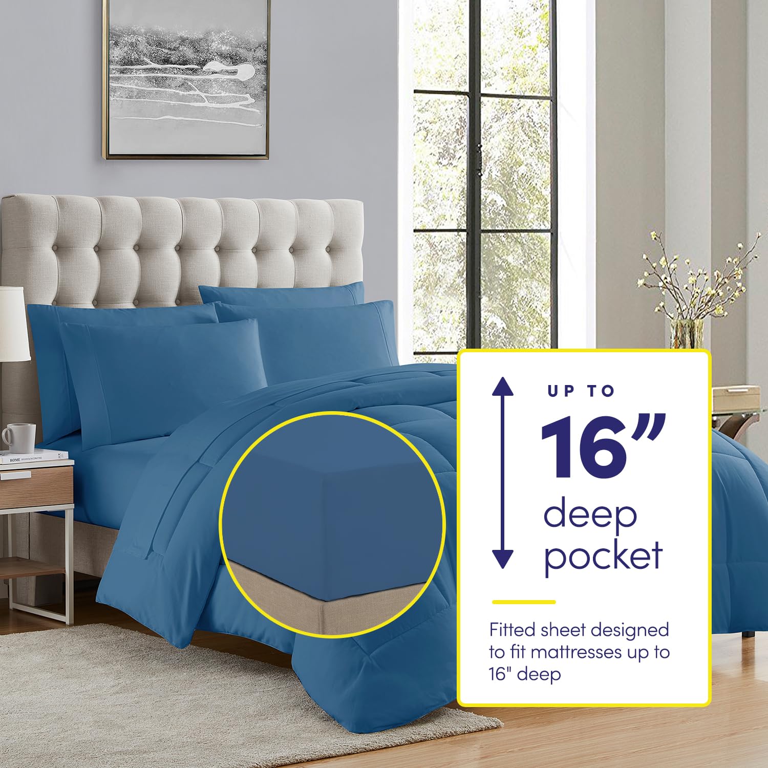 Sweet Home Collection stay-put fitted sheet straps demonstrate secure fitting on deep mattresses.