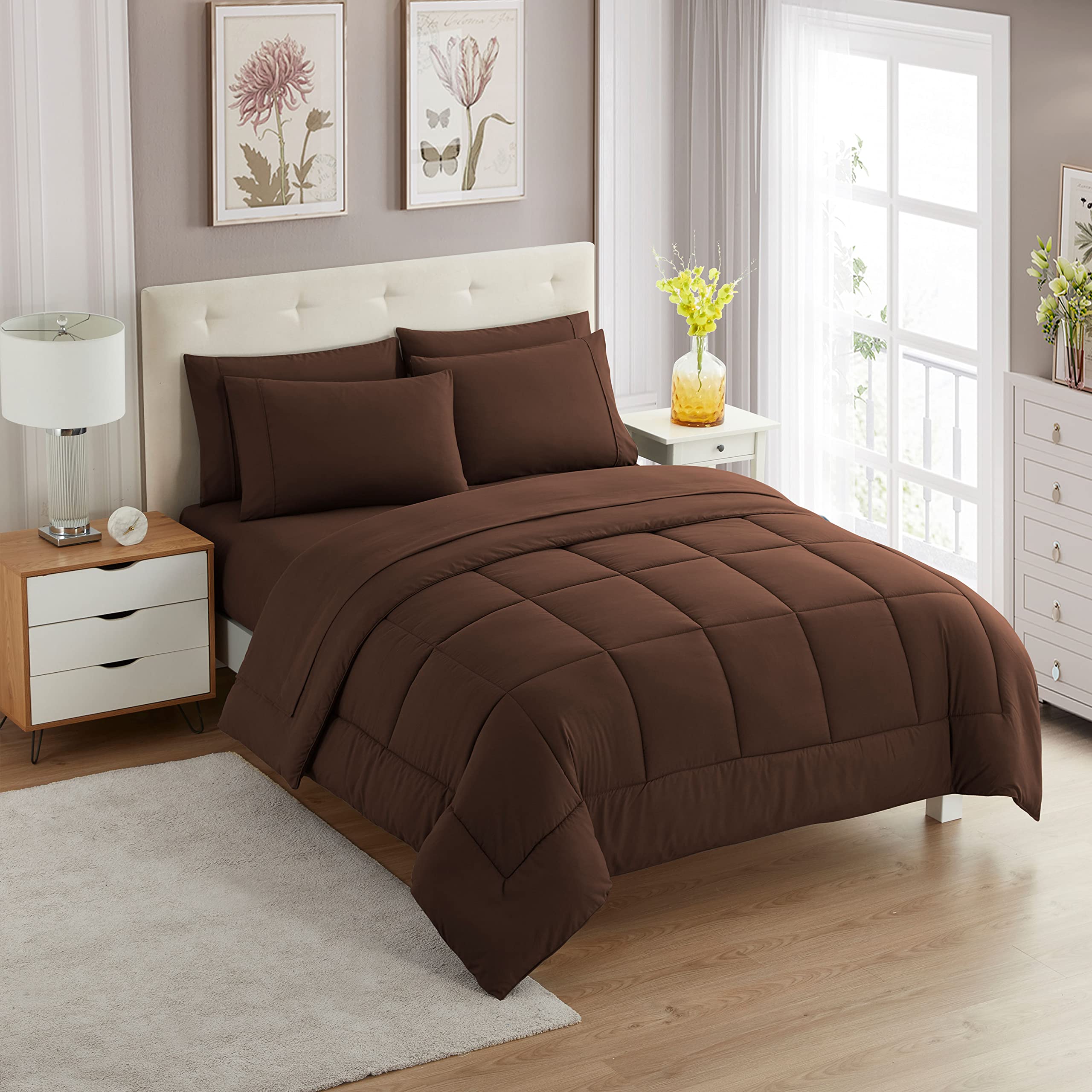 Sweet Home Collection twin comforter in chocolate brown for all-season warmth and style.