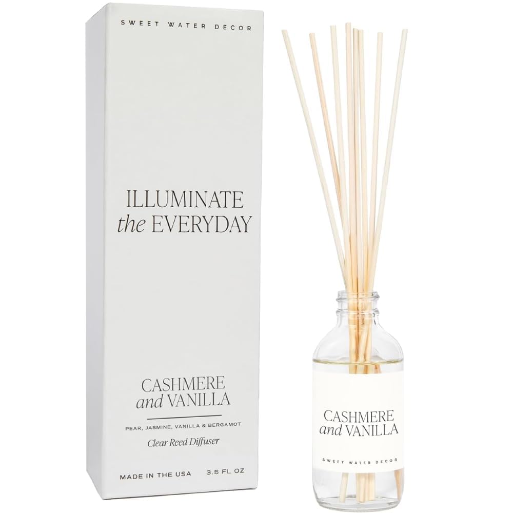Sweet Water Decor diffuser bottle shows cashmere-vanilla scent for a calm room.