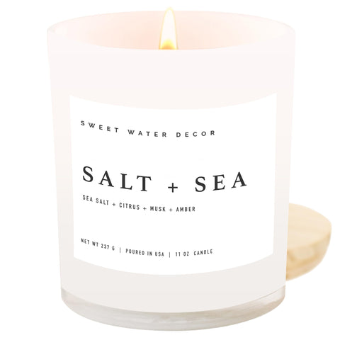 Sweet Water Decor Salt and Sea candle in jar front view for coastal vibes