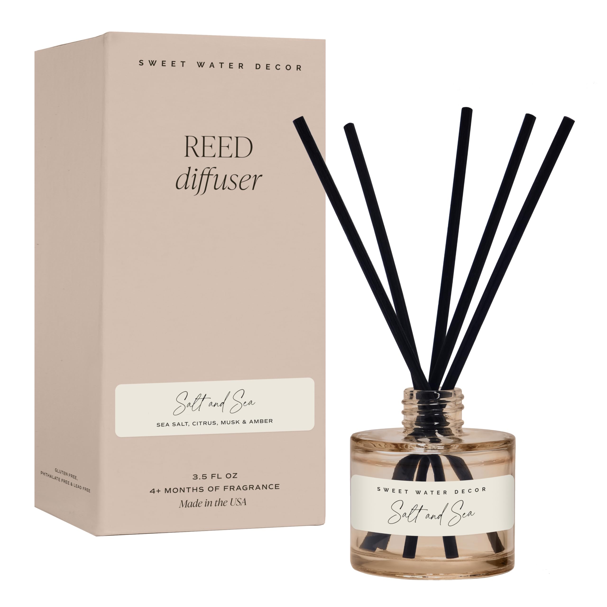 Sweet Water Decor diffuser bottle highlighting sea salt notes for a fresh space.