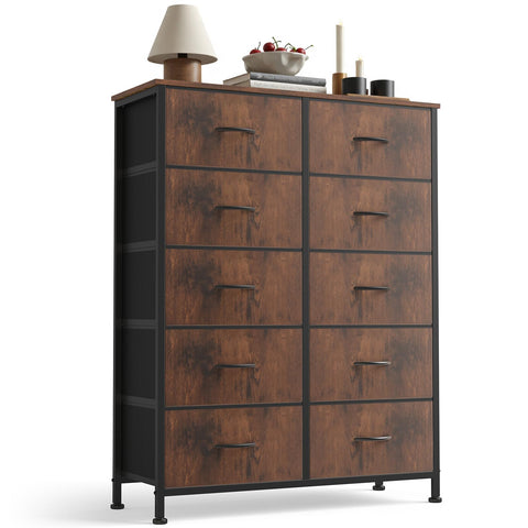 Sweetcrispy 10-drawer dresser with steel frame and wood top provides sturdy storage.