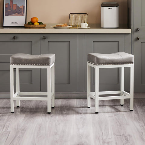 Sweetcrispy 24-inch bar stool grey side view highlighting ergonomic saddle seat for comfort