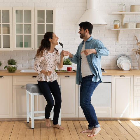 Sweetcrispy stools tucked under counter maximize space in compact kitchens