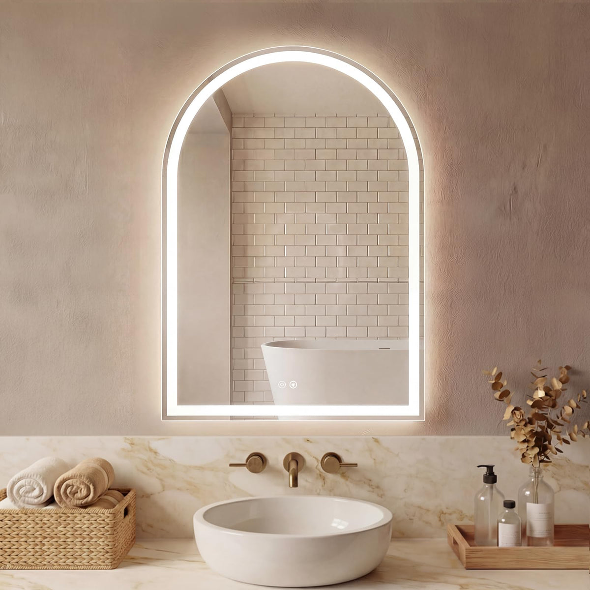Sweetcrispy 24x36 LED mirror with arch frame enhances vanity lighting for makeup and grooming.