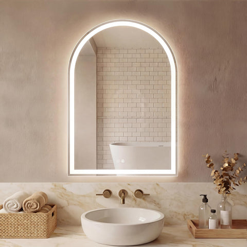 Sweetcrispy 24x36 LED mirror with arch frame enhances vanity lighting for makeup and grooming.