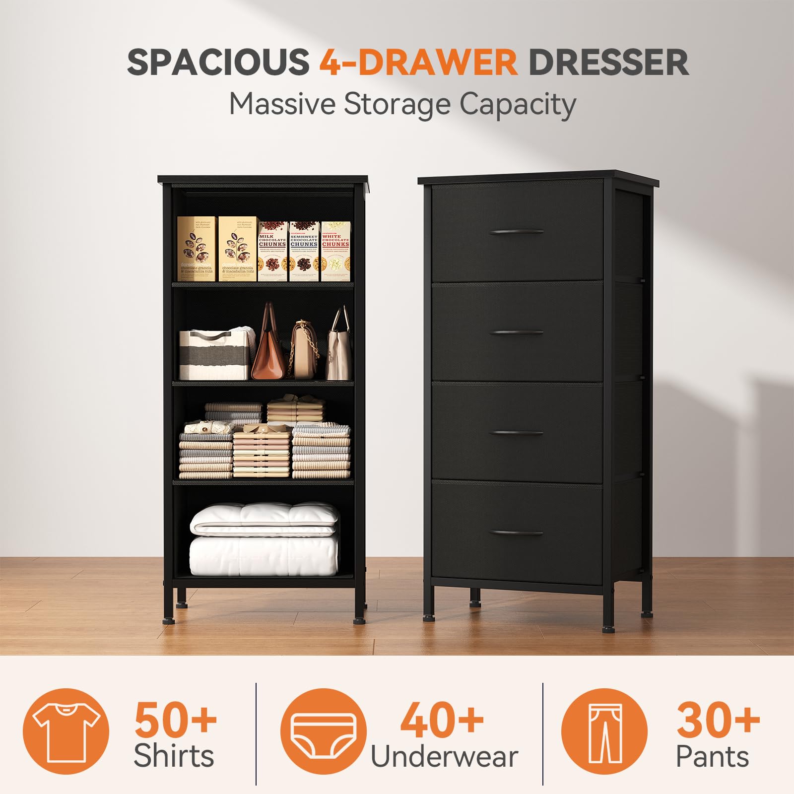 Sweetcrispy nightstand with four fabric drawers keeps small items neatly organized