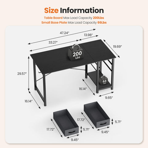 Sweetcrispy 47-inch desk with right drawer attached for flexible setup.