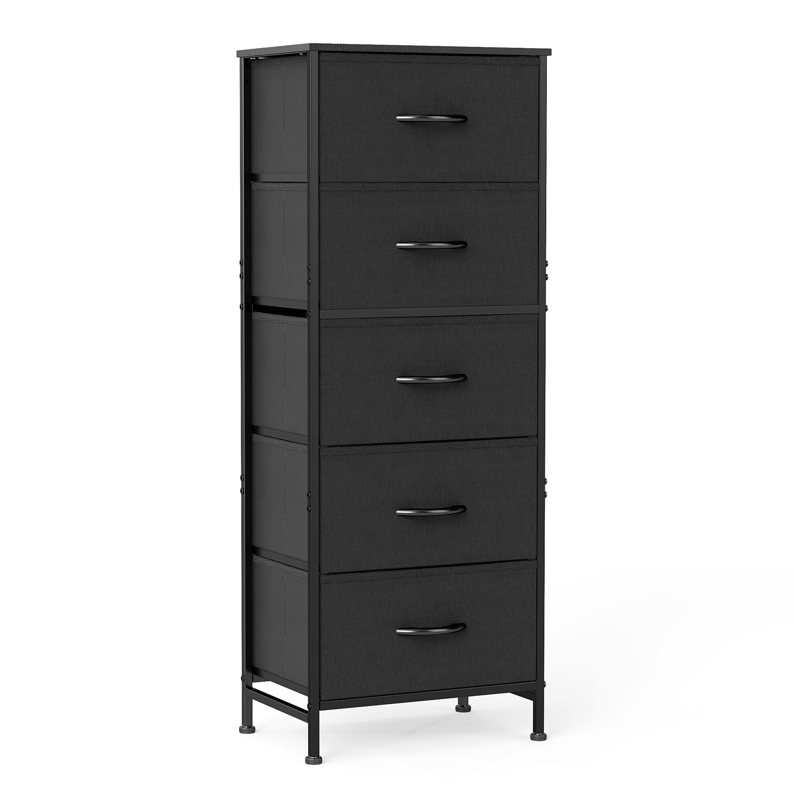 Sweetcrispy 5-drawer dresser with wood top adds sturdy surface for lamps and decor.