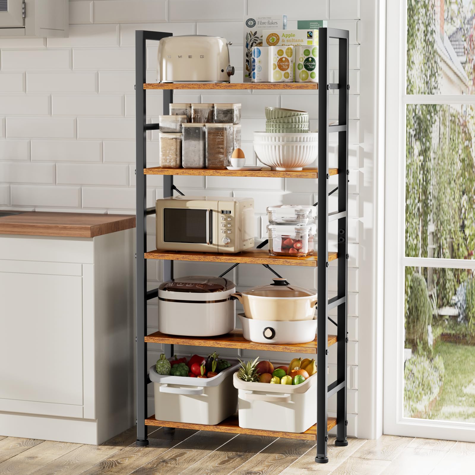 Sweetcrispy 5-tier bookshelf shown in living room for versatile storage