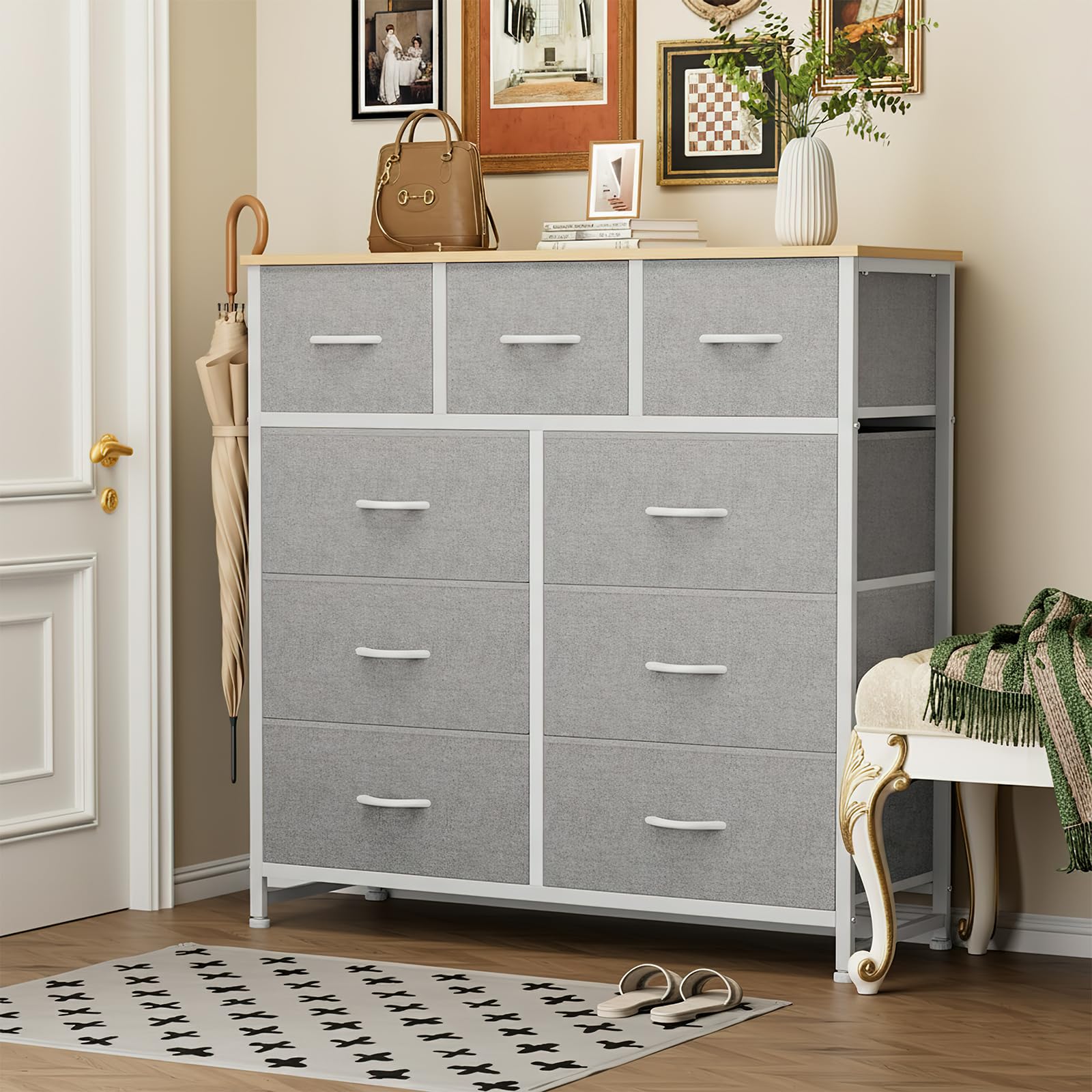 Versatile bedroom setup showing the dresser as storage and surface space.