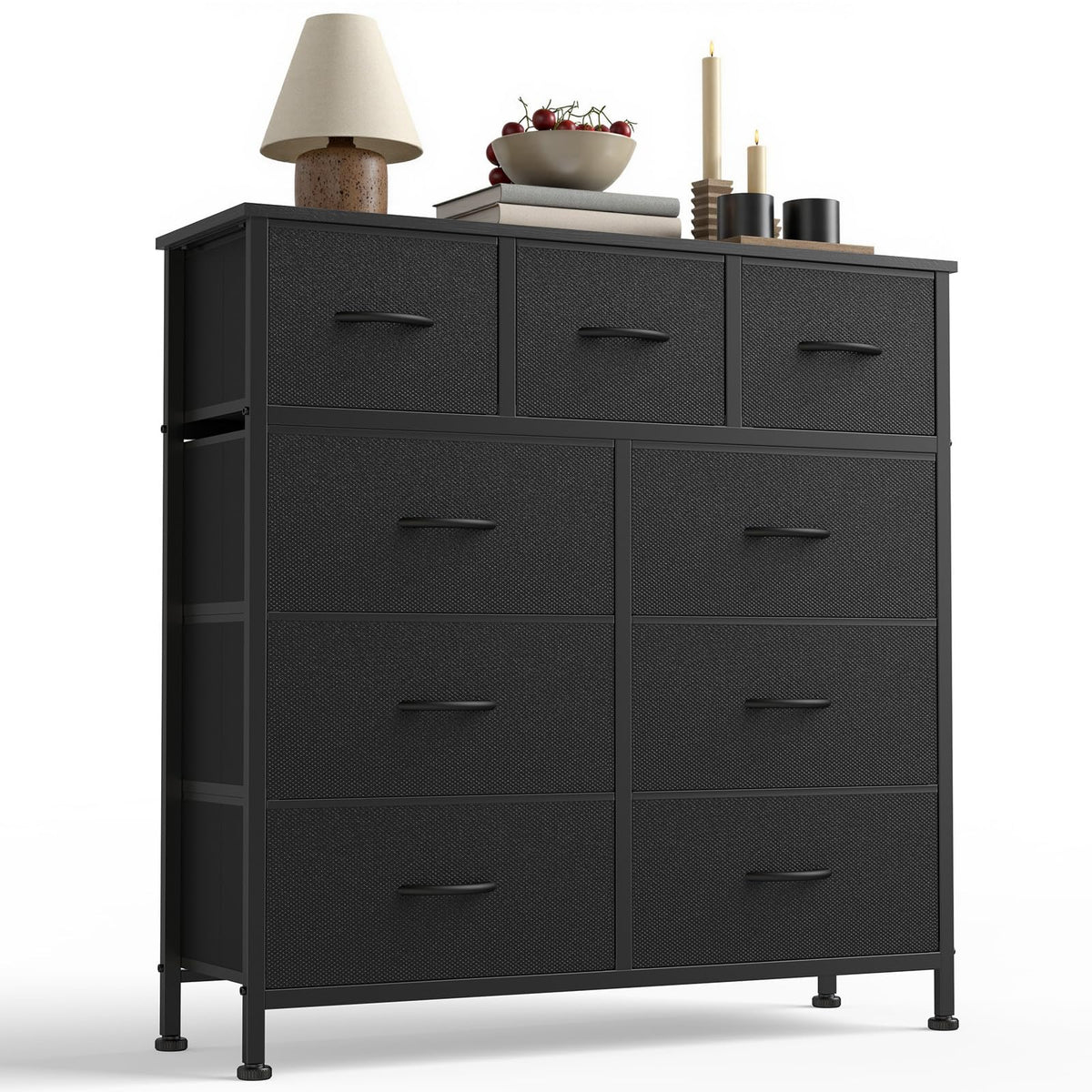 Sweetcrispy 9-drawer dresser with wood top and steel frame for durable storage.