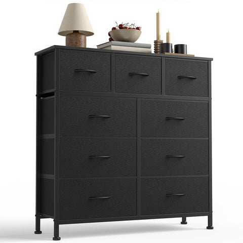 Sweetcrispy 9-drawer dresser with wood top and steel frame for durable storage.