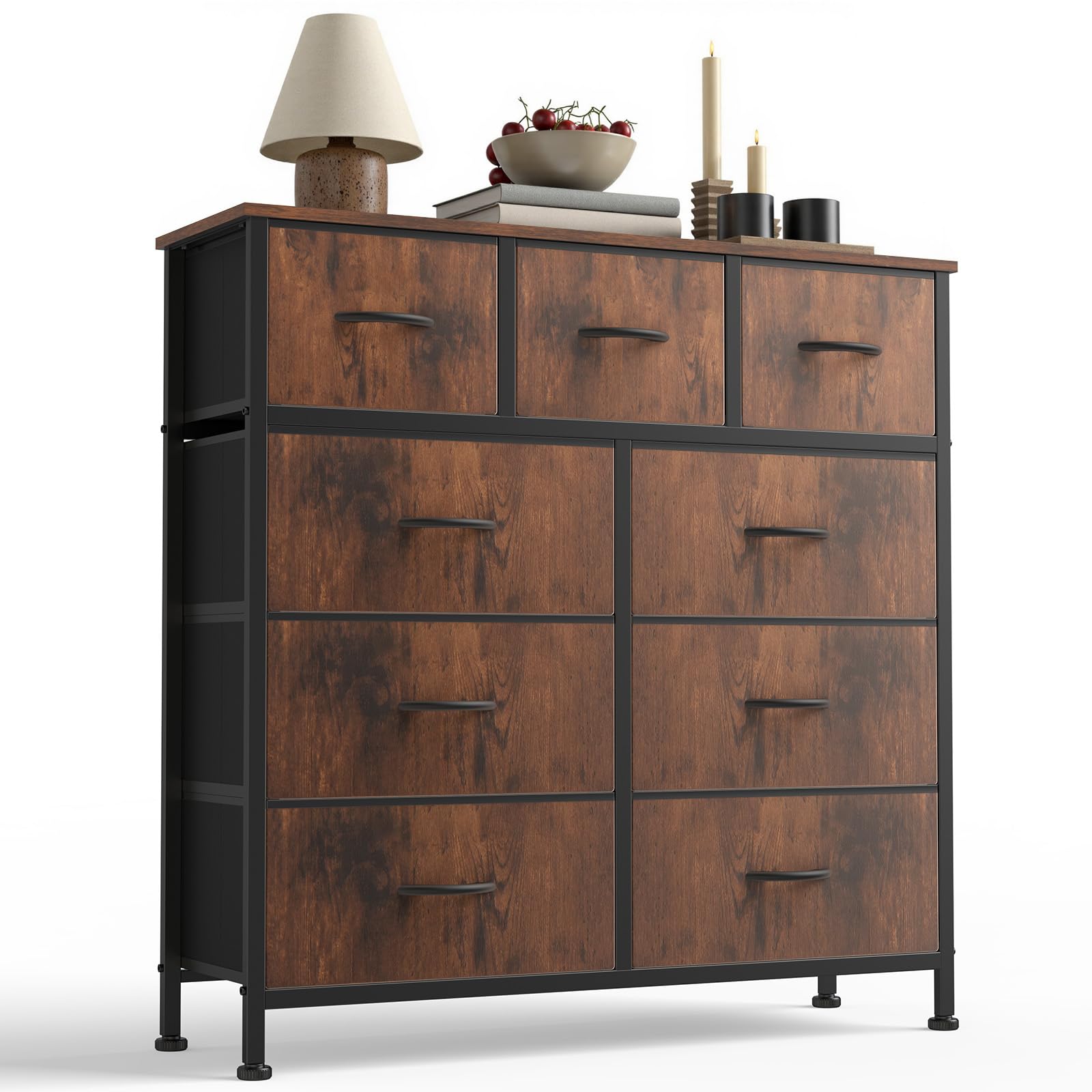 Sweetcrispy 9-drawer dresser with wood top showing sturdy surface and warm finish