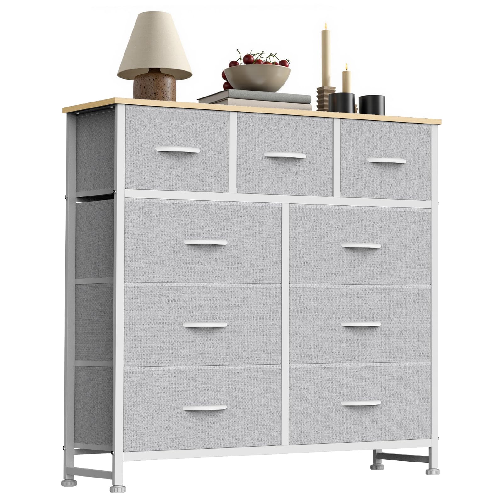 Sweetcrispy 9-drawer dresser with wood top offering stable bedroom storage and display space.