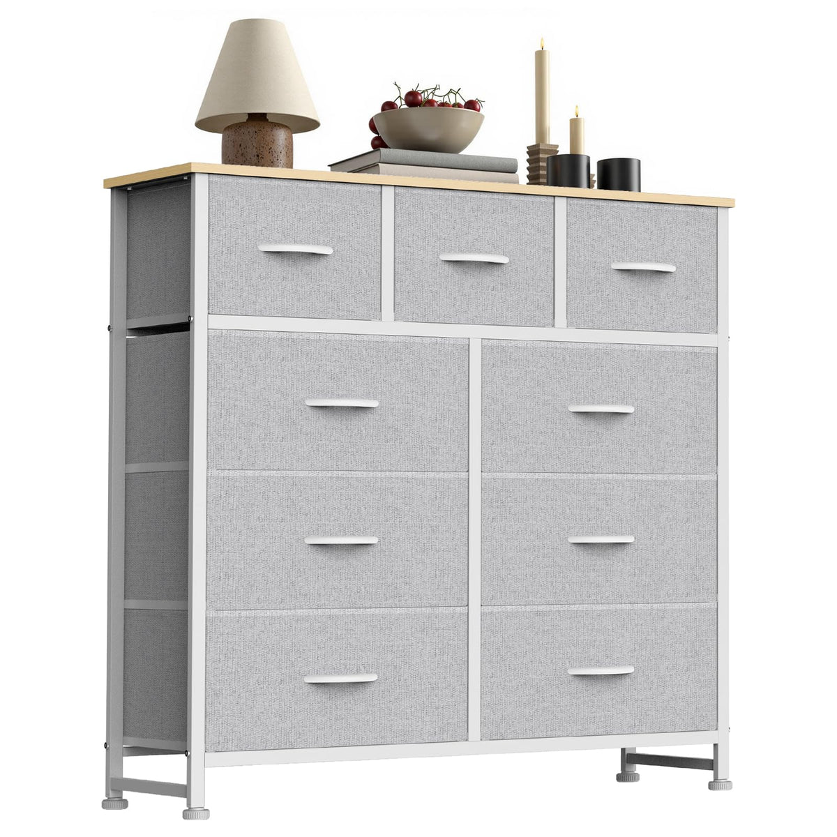 Sweetcrispy 9-drawer dresser with wood top offering stable bedroom storage and display space.