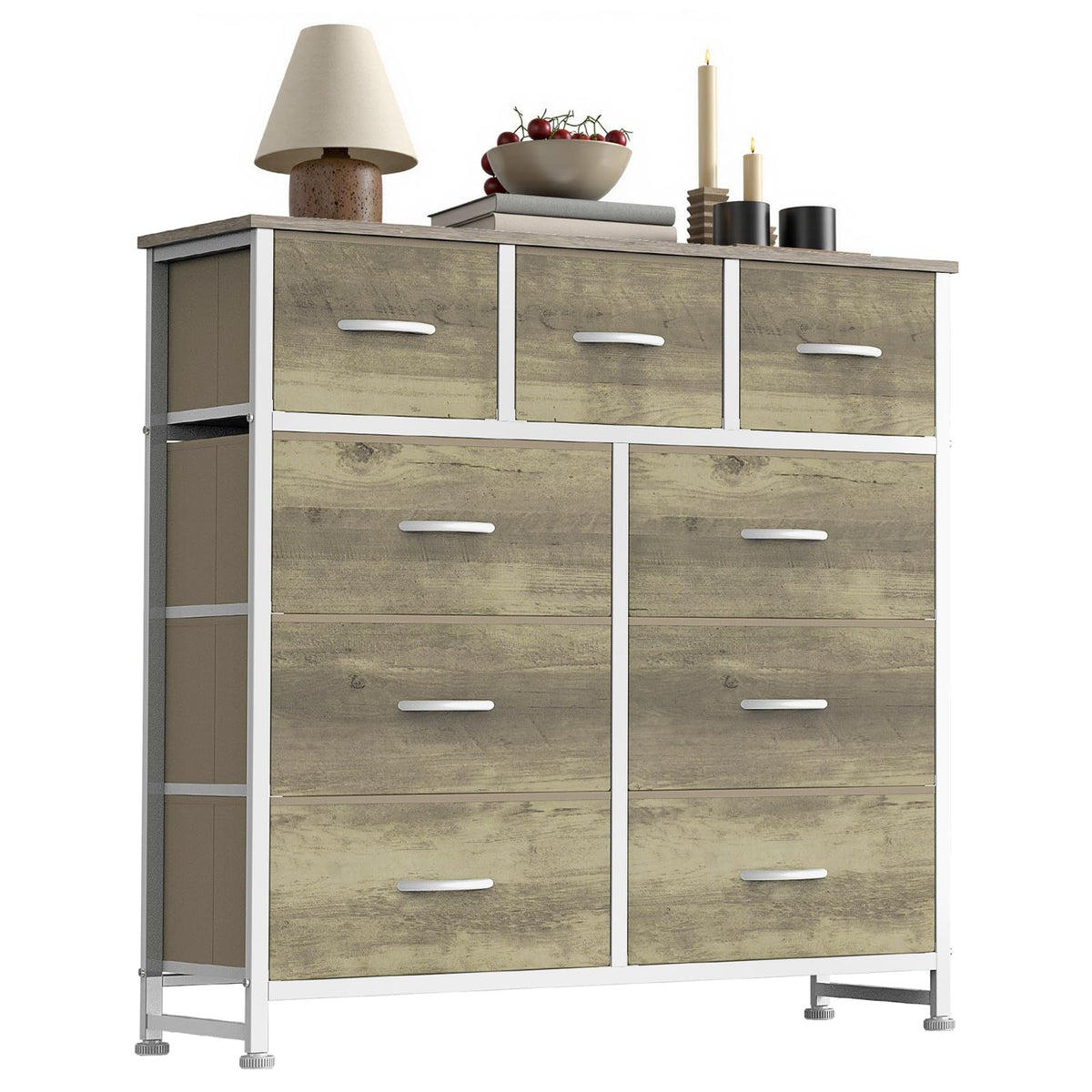Sweetcrispy 9-drawer dresser with wood top for sturdy storage.
