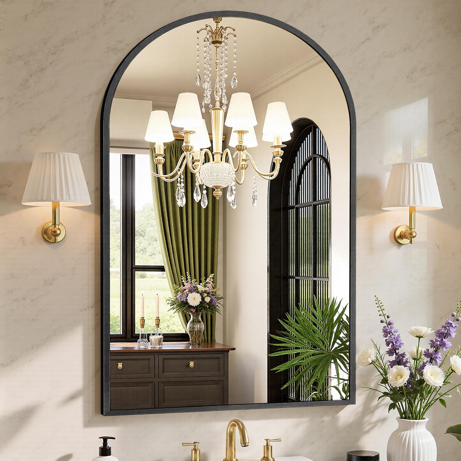 Sweetcrispy arch black bathroom mirror with brushed aluminum frame above a vanity for a stylish setup.