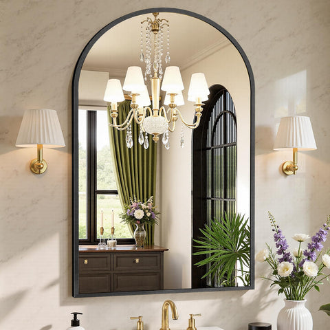 Sweetcrispy arch black bathroom mirror with brushed aluminum frame above a vanity for a stylish setup.