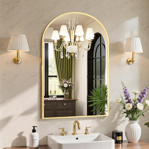 Sweetcrispy arched gold mirror over sink for daily grooming with elegant style.