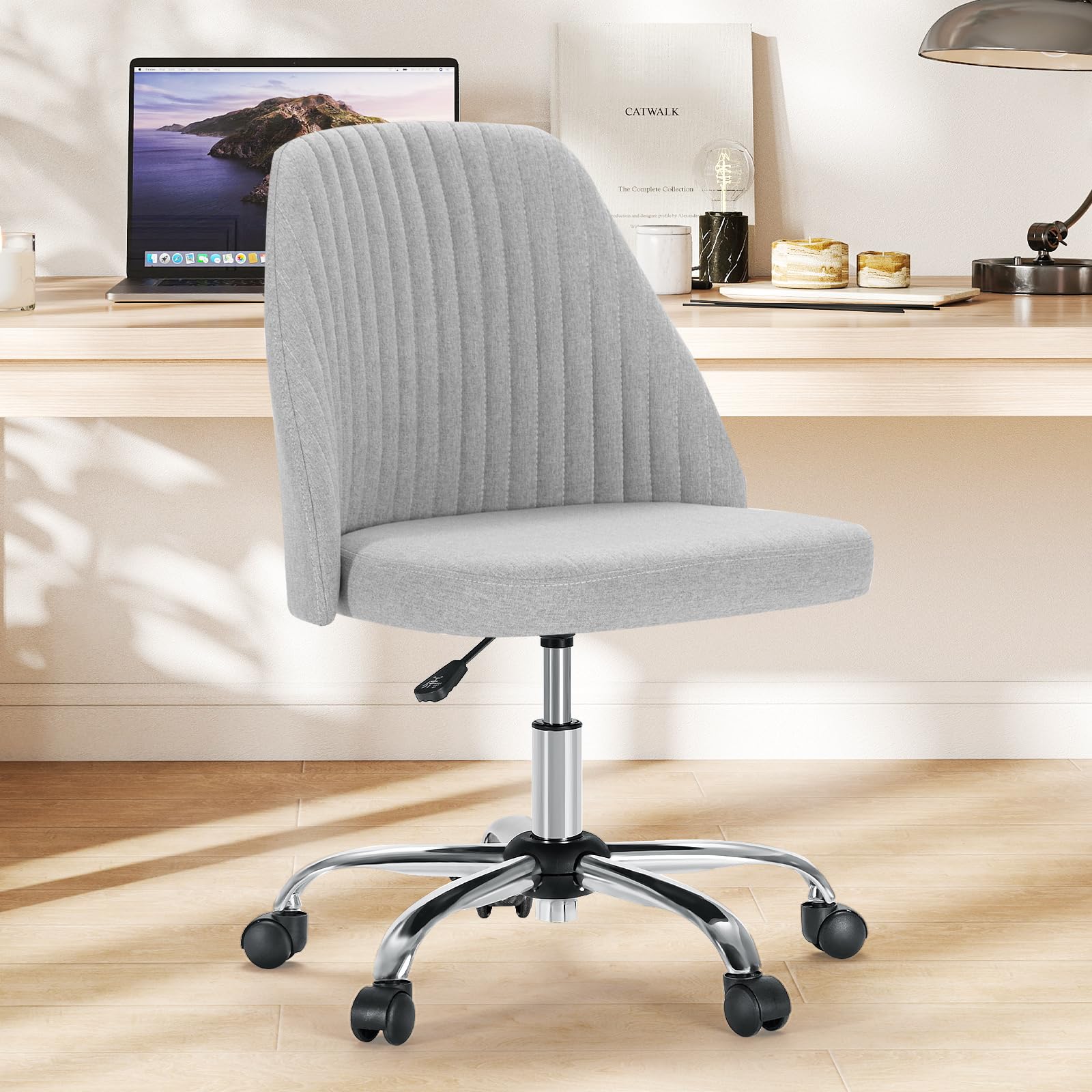 Sweetcrispy armless vanity chair closeup fabric shows soft upholstery for daily comfort.