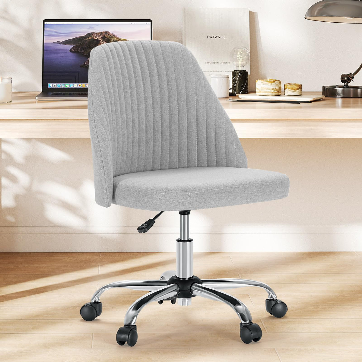 Sweetcrispy armless vanity chair closeup fabric shows soft upholstery for daily comfort.