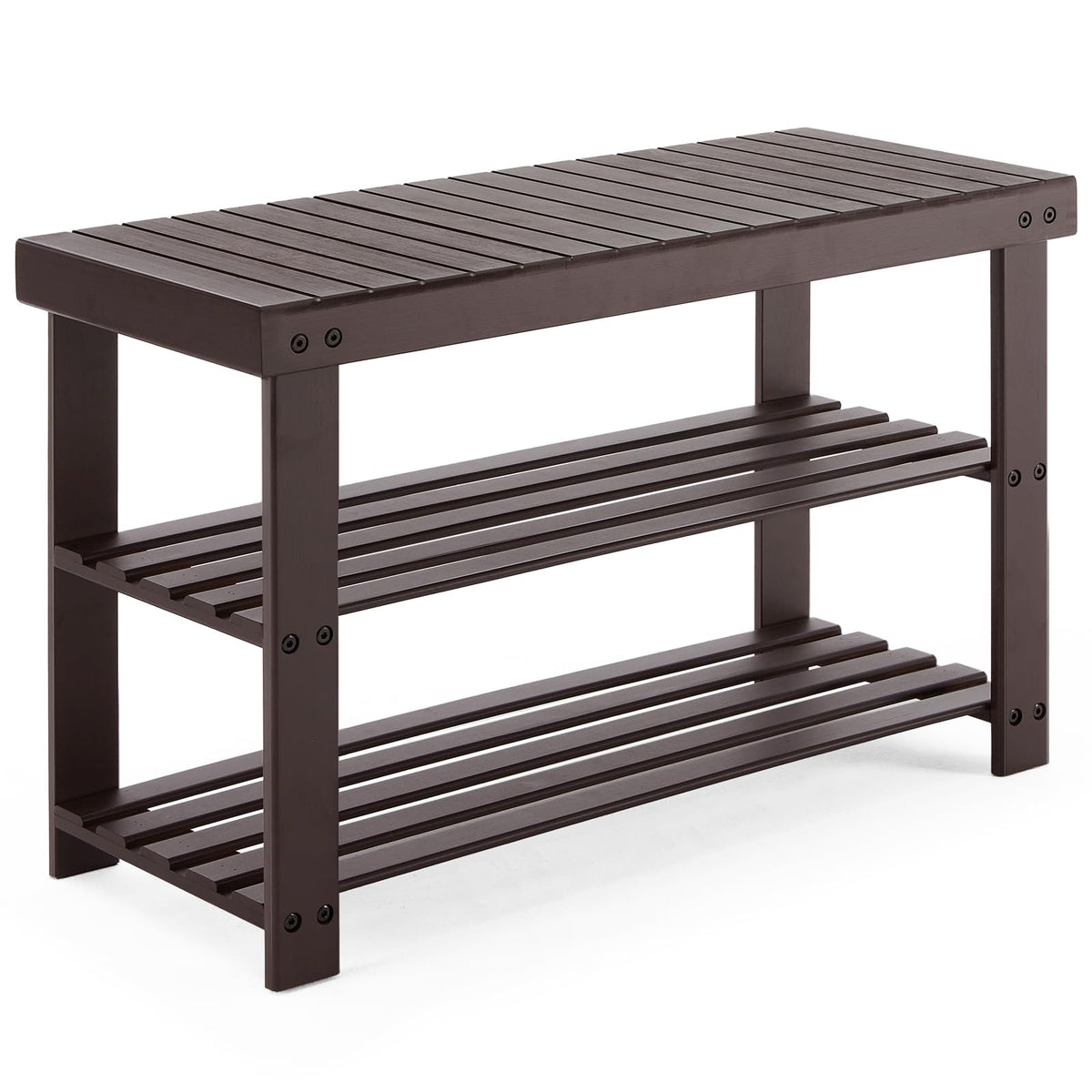 Sweetcrispy bamboo shoe rack bench 3-tier front view highlights clutter-free entryway