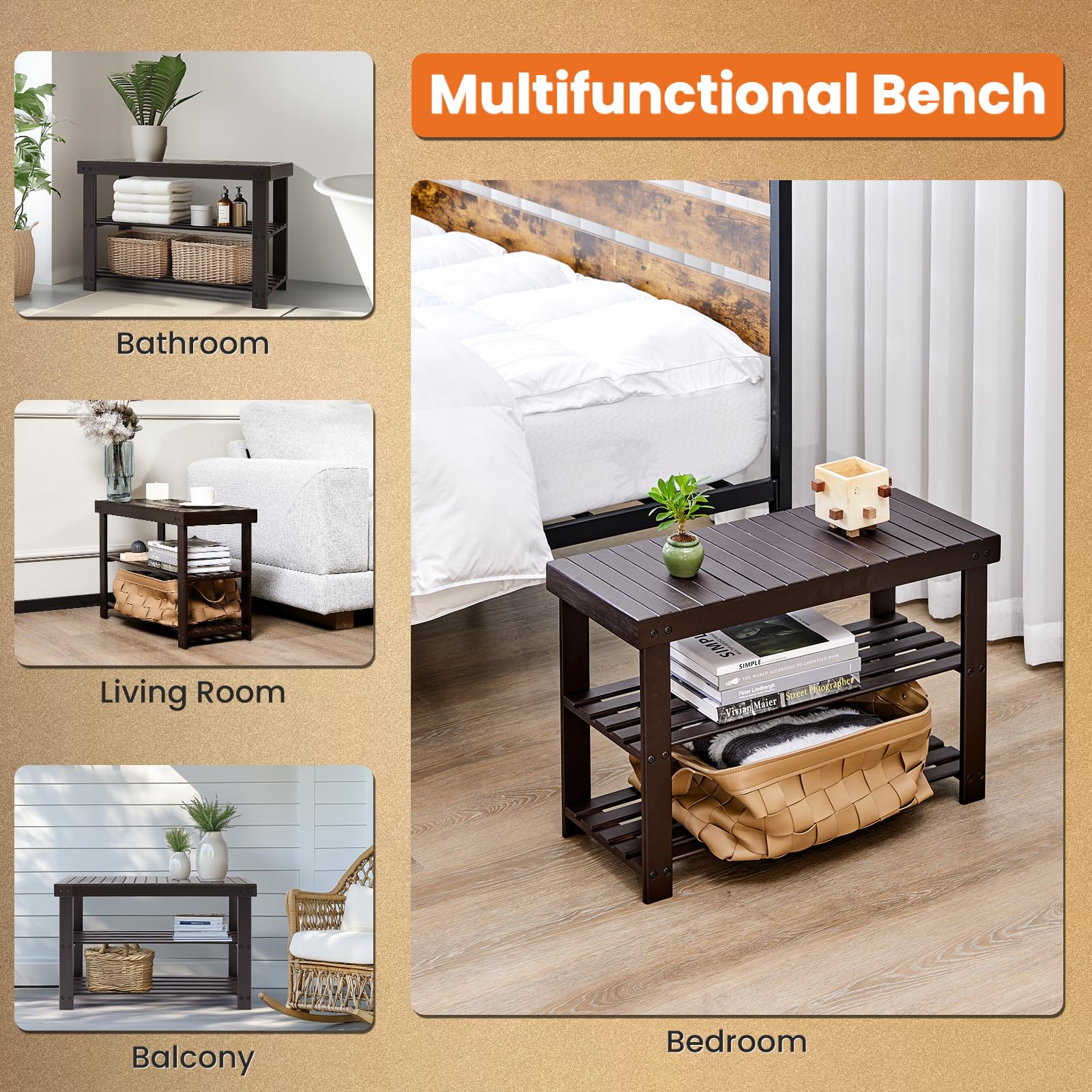 Sweetcrispy bamboo shoe rack bench lower shelves store shoes and bags neatly