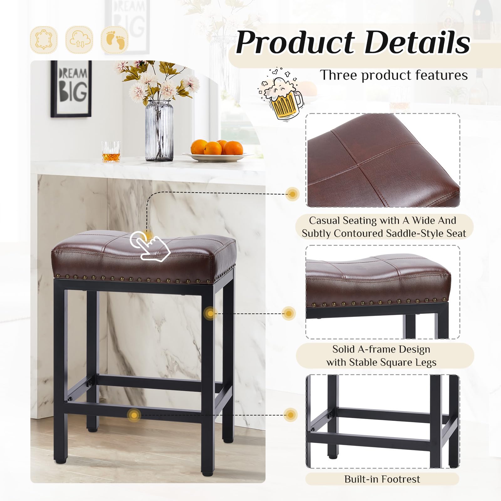 Sweetcrispy bar stools feature adjustable leveling feet for wobble-free use.