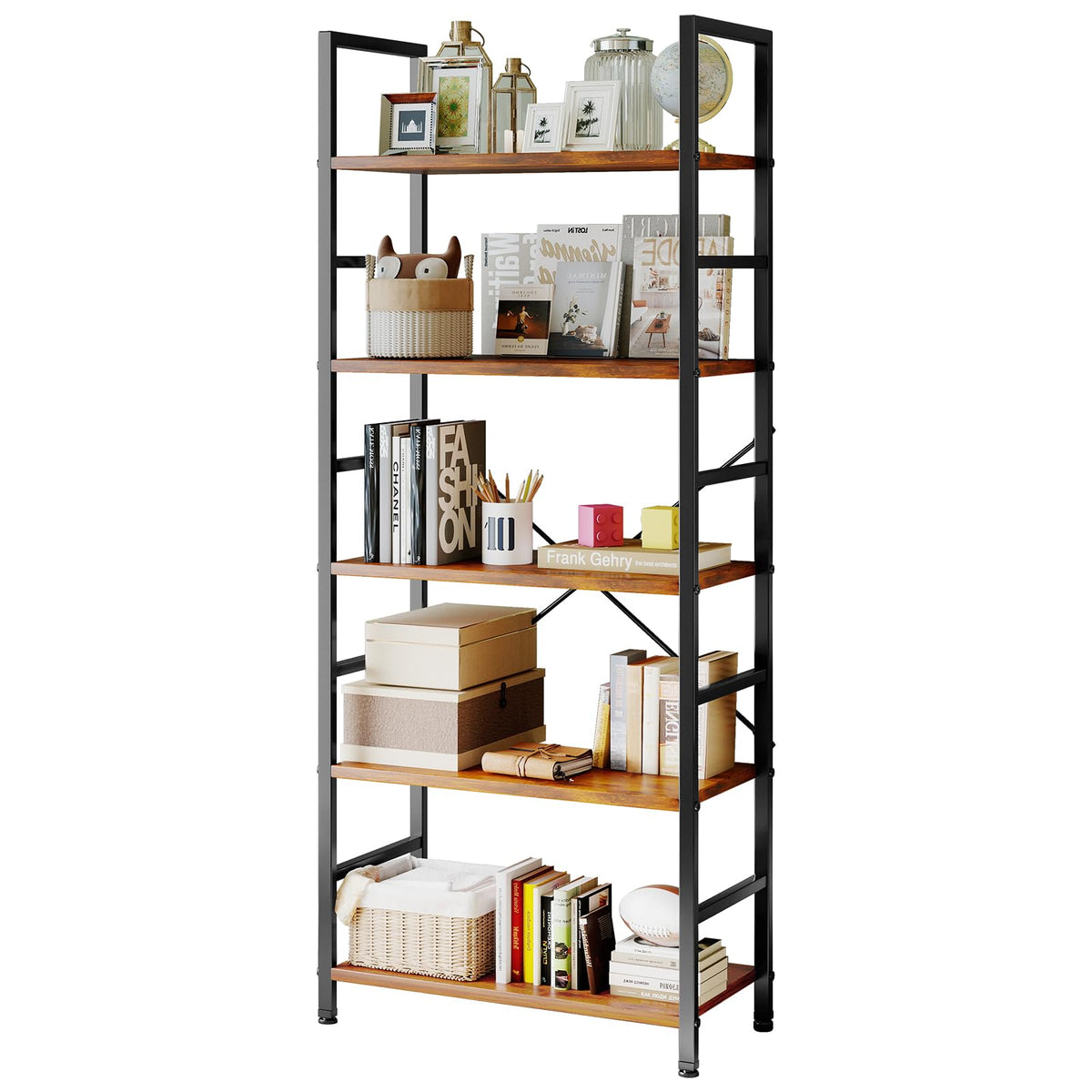 Sweetcrispy 5-tier book shelf overview in brown finish for modern spaces