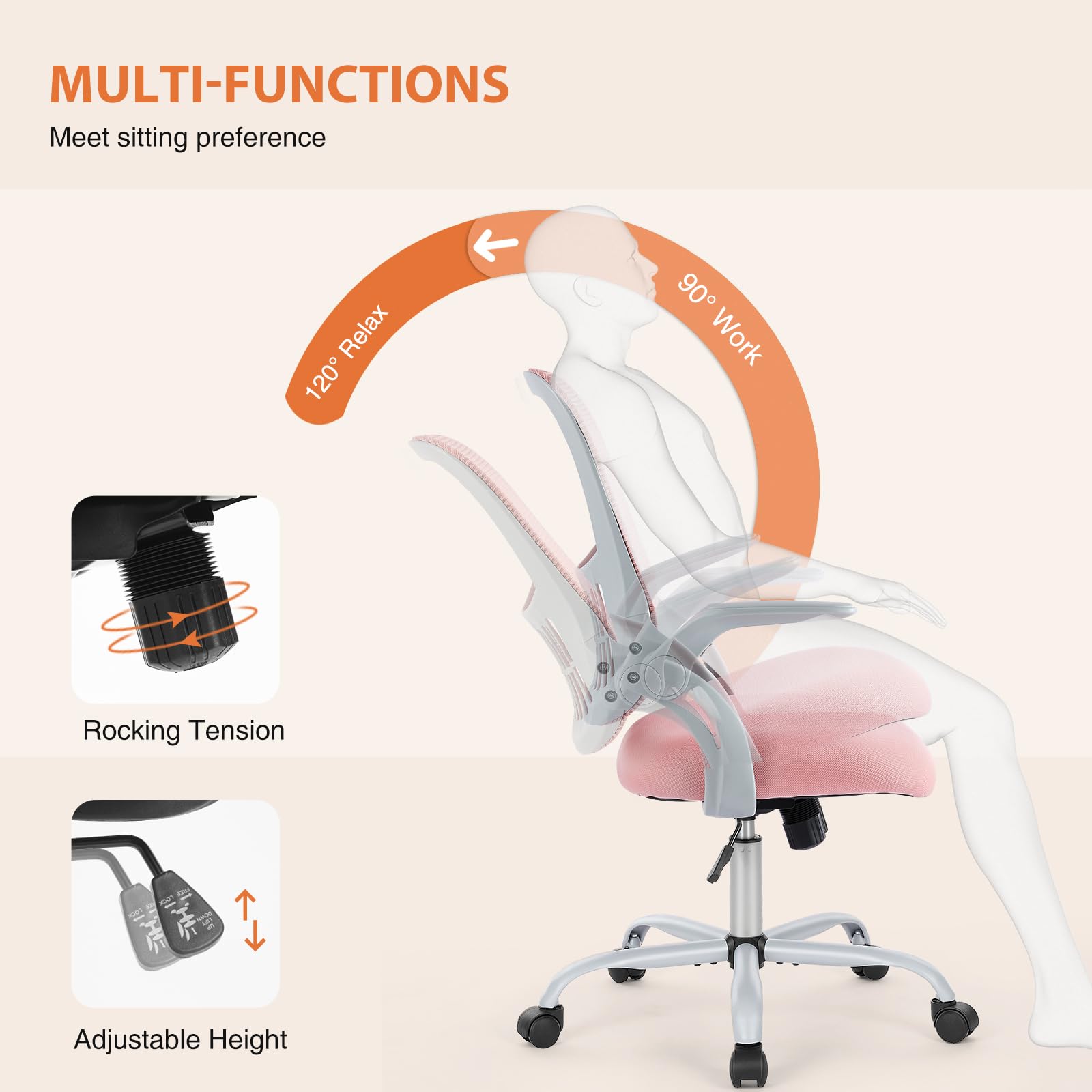 Sweetcrispy pink chair seat and back provide breathable comfort for long work sessions.