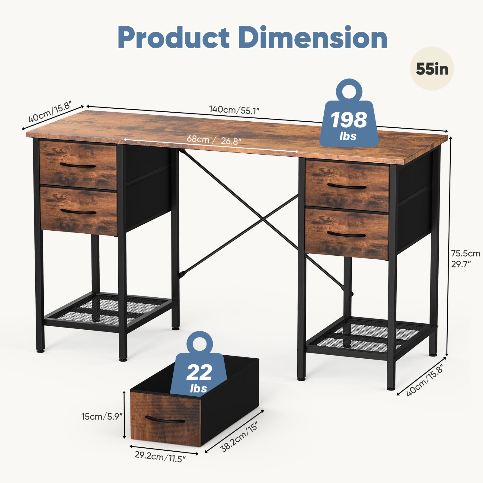 Sweetcrispy desk with two mesh shelves for quick-access books and devices.