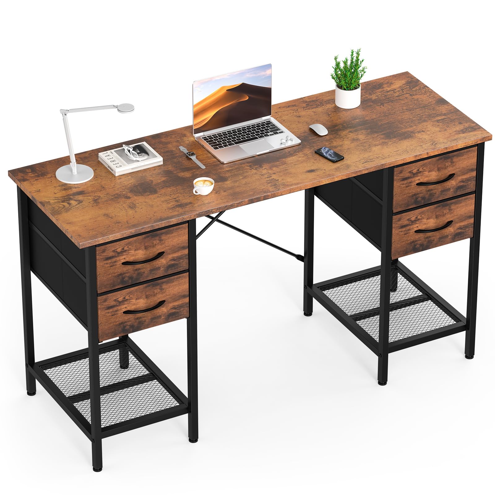 Sweetcrispy 55-inch desk front view in brown highlighting a spacious work surface.