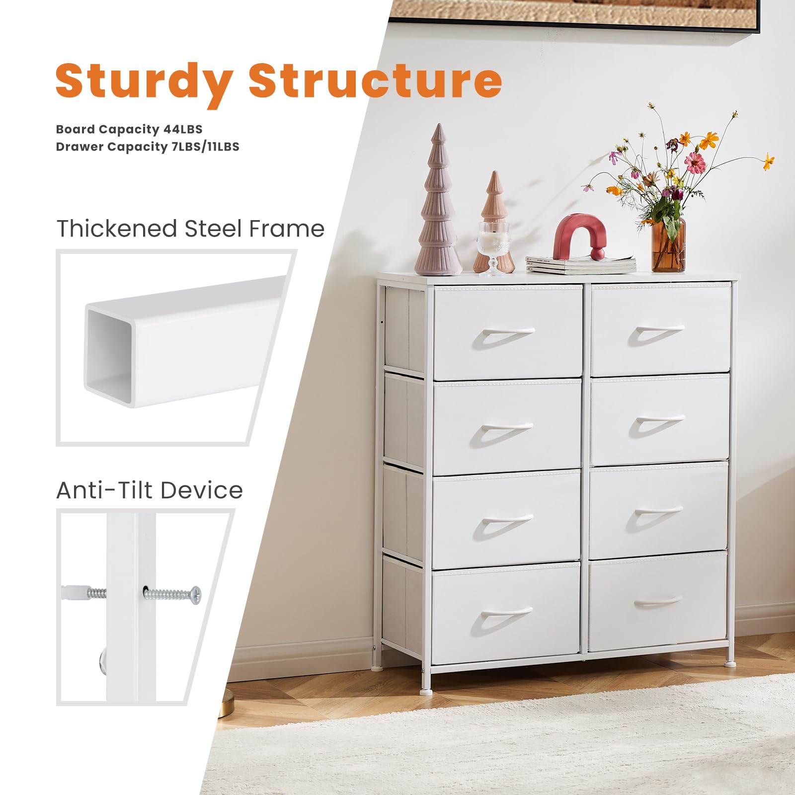 Sweetcrispy dresser fabric bins visible for quick organization and concealment.
