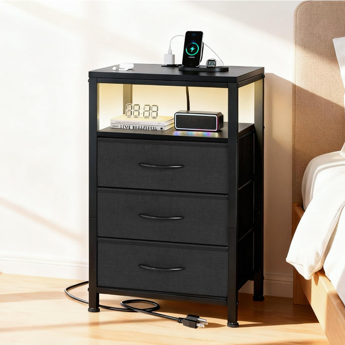 Sweetcrispy nightstand with charging hub keeps devices powered and within reach