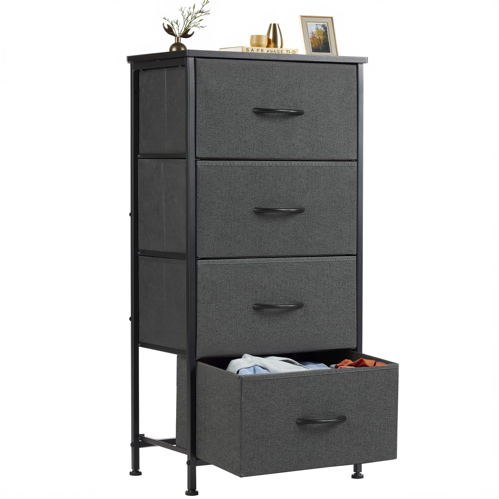 Sweetcrispy nightstand with four fabric drawers offering organized bedside storage