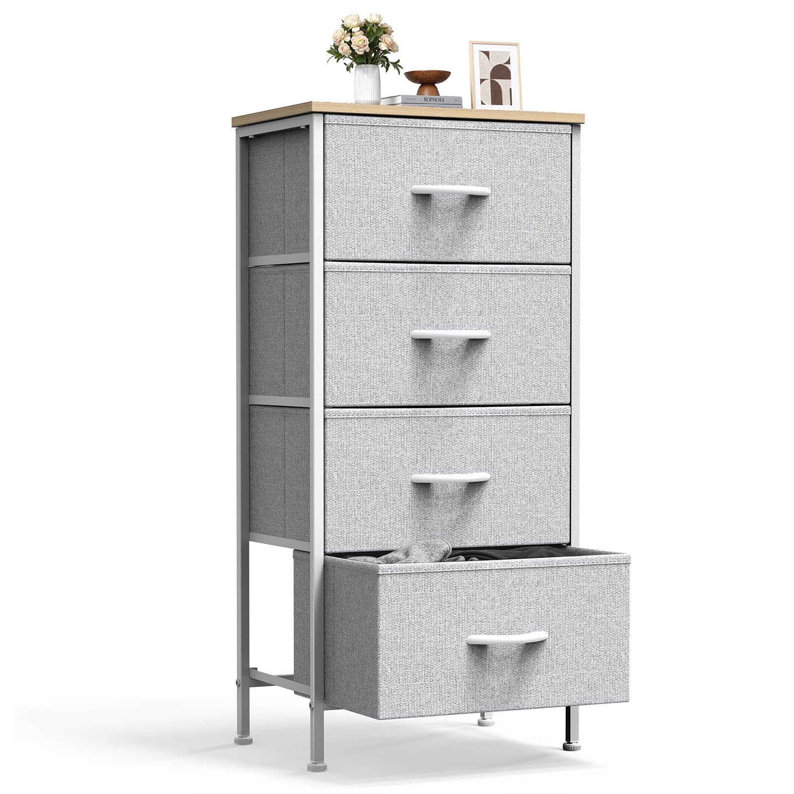 Sweetcrispy nightstand with four fabric drawers for bedside organization.
