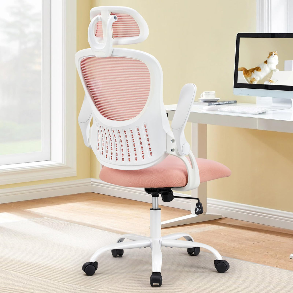 Sweetcrispy office chair pink backrest supports natural spine curve for daily work.