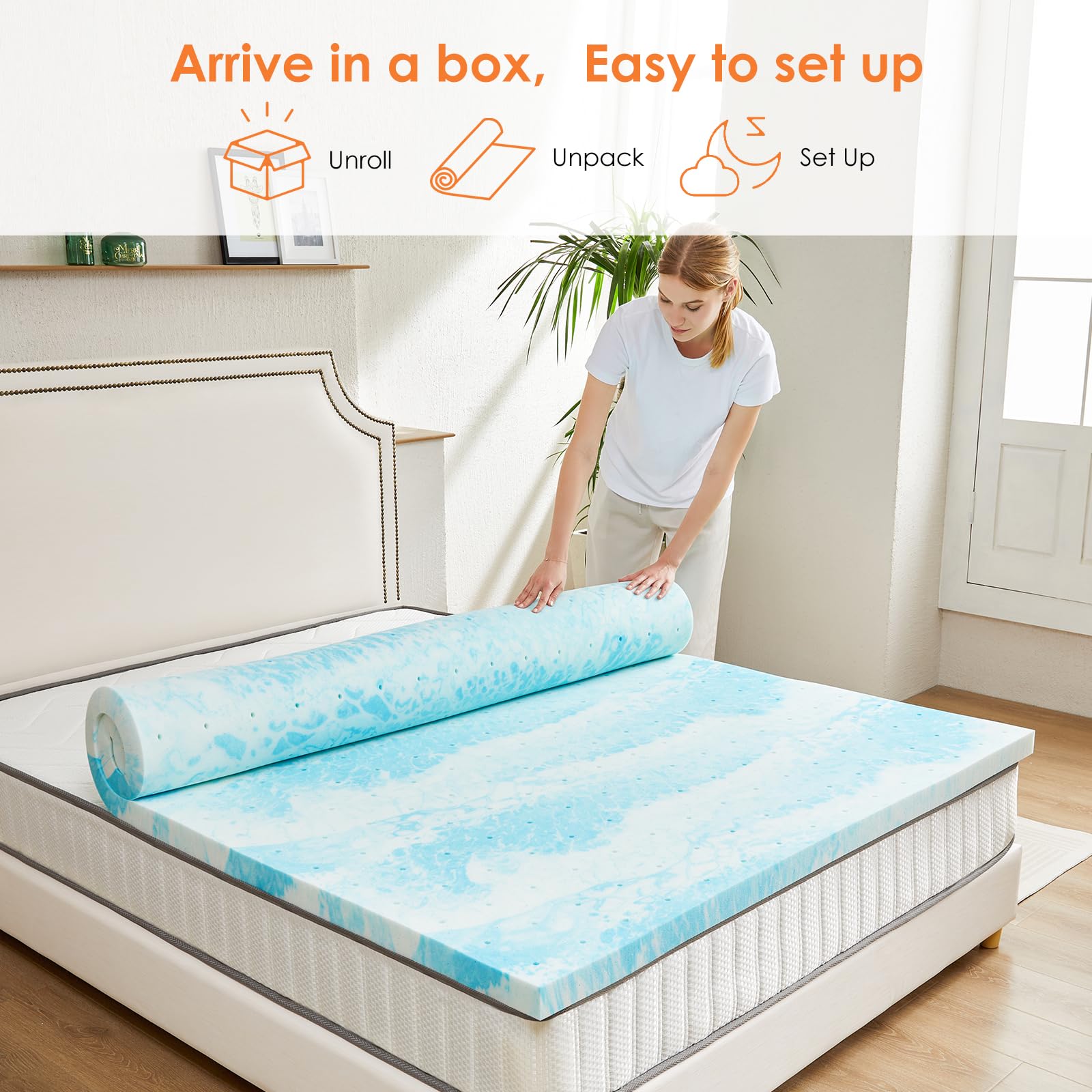 Sweetcrispy topper on bed scene emphasizes versatile use for king bed and couch.