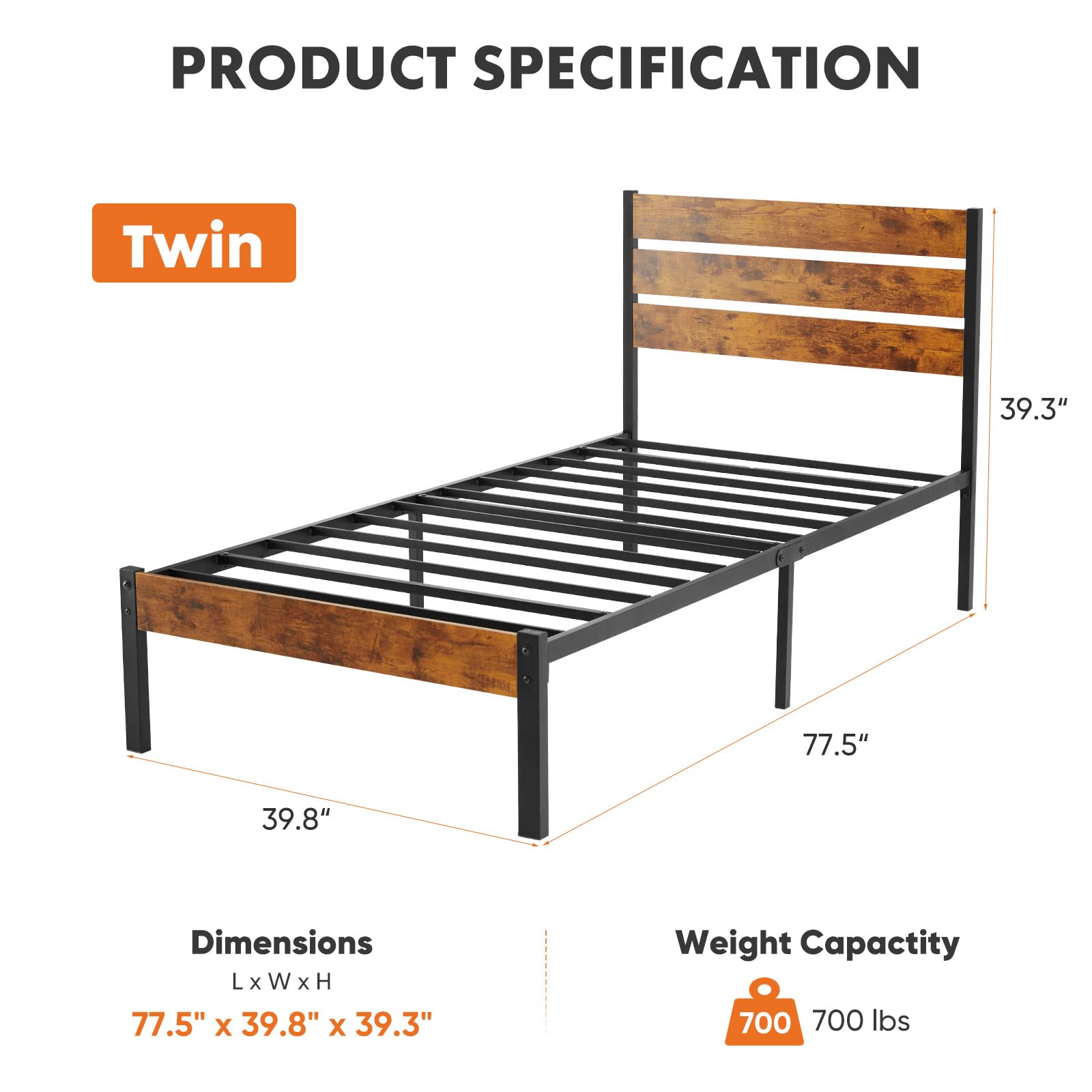 Sweetcrispy twin-size metal bed frame footboard adds a cohesive finish.