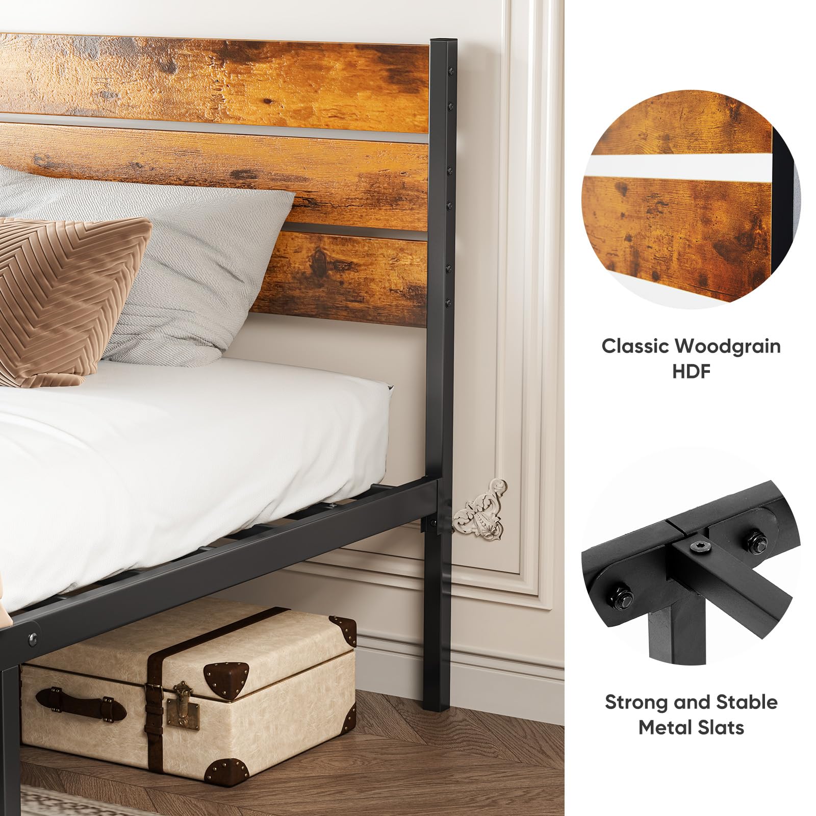 Sweetcrispy bed frame under-bed storage clearance shows 12.8 inches of space.